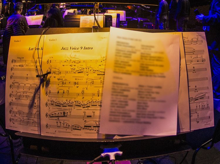 A music stand with the sheet music for the Jazz voice 9 Intro open