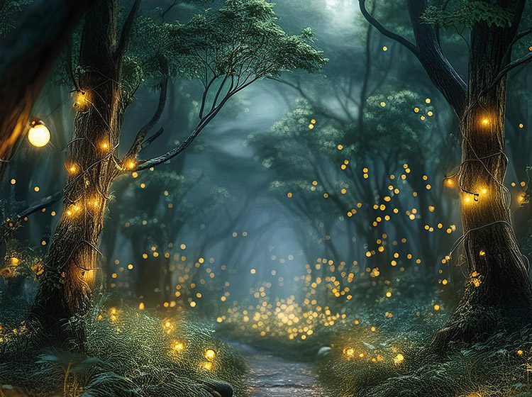 An enchanted forest with magical fairy lights