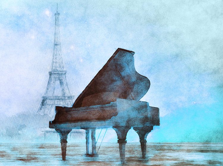 An illustration of a piano in the foreground and the Eiffel Tower in the background