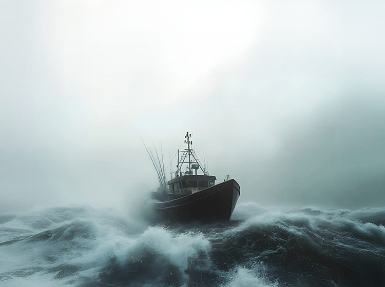 A painting of a fishing boat on a stormy sea