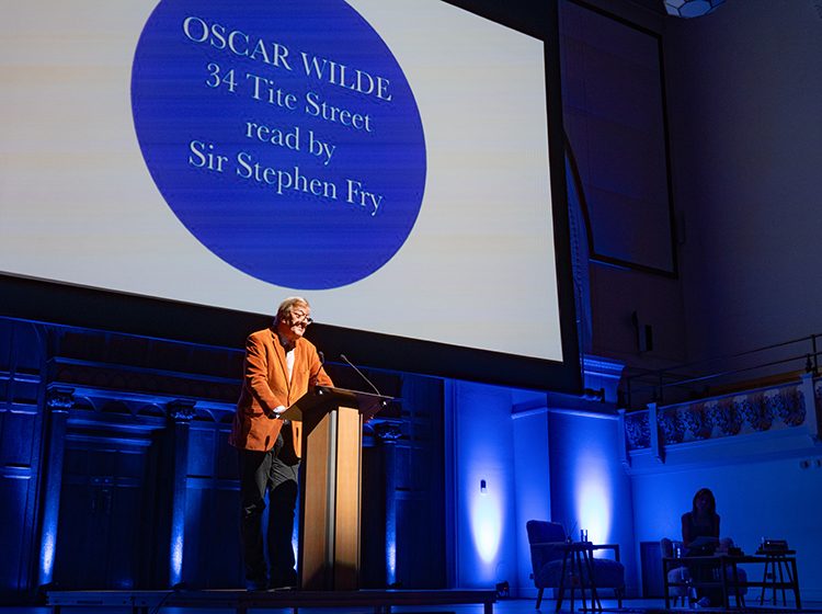 Sir Stephen Fry on stage at Cadogan Hall in 2025's Blue Plaques Talk Back