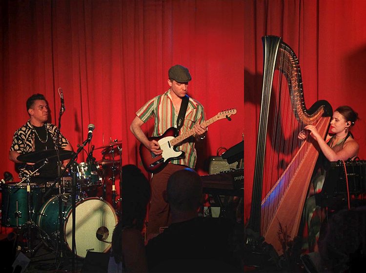 Escaping Time: Valeria Clarke, harp, Peter Michaels guitars/keyboards & Marcinho Pereira, drums/percussion