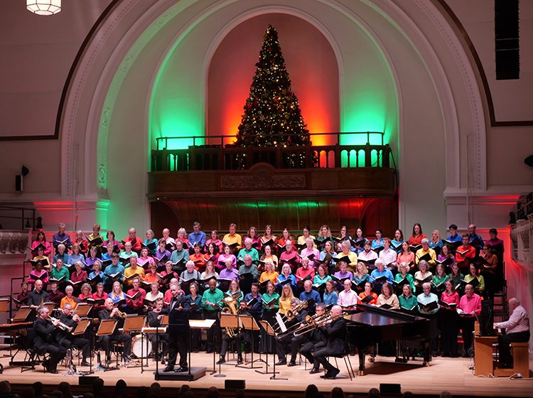 The Bach Choir and London City Brass on stage at Cadogan Hall