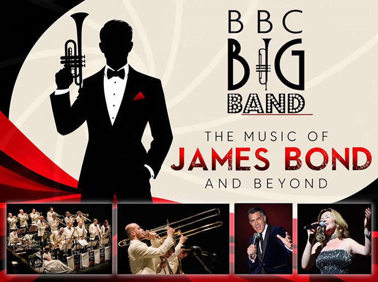 A silhouette of James Bond holding a trumpet